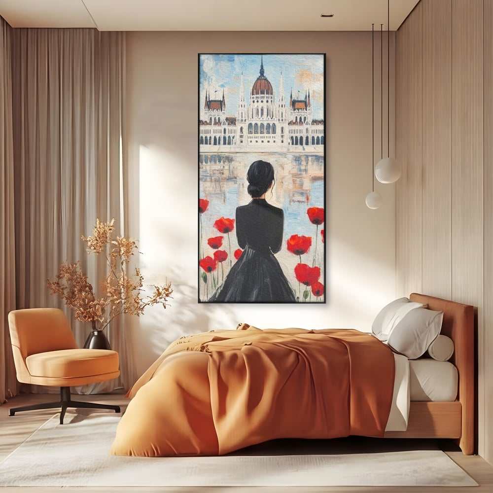 Tablou canvas cu tablou canvas cu femeie si maci, in rama de aluminiu negru, pe perete intr-un dormitor